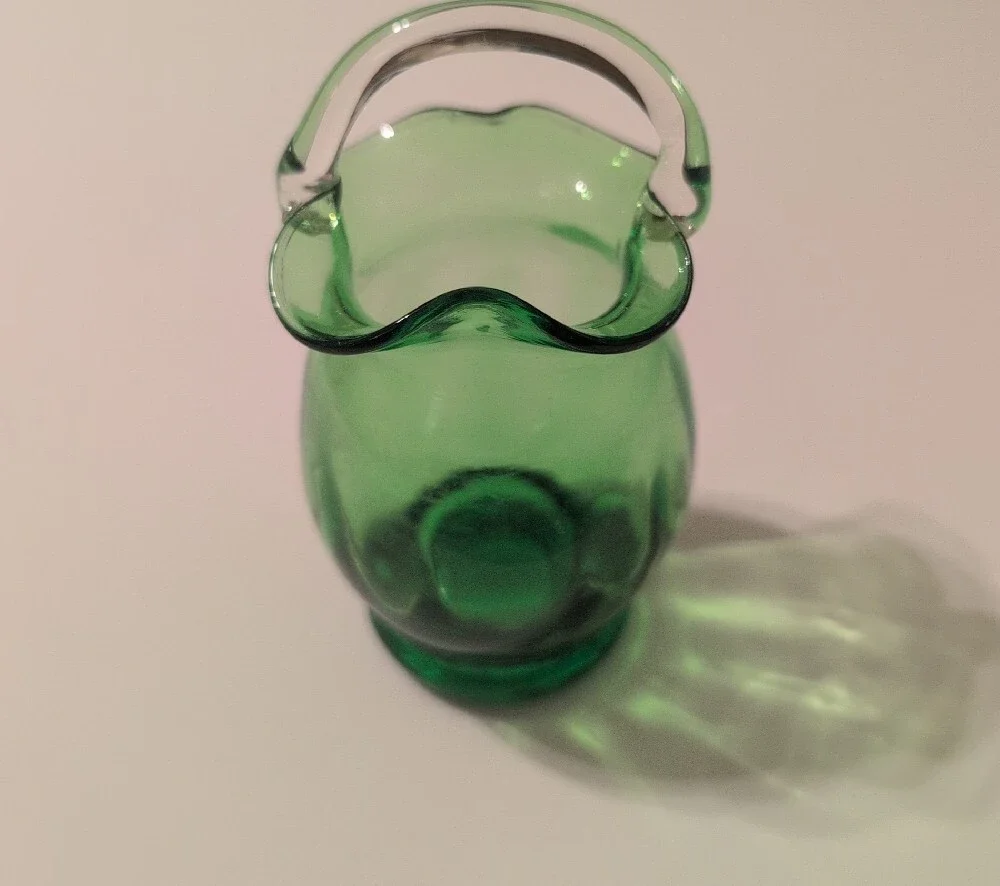 Green Pilgrim Glass Ruffled Rim Pitcher with Clear Handle